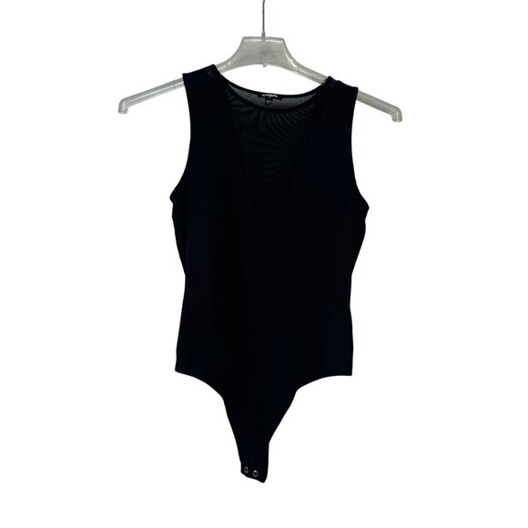 Express Womens Size Medium Black Sleeveless V-Neck Mesh Panel Thong Bodysuit - Picture 1 of 6